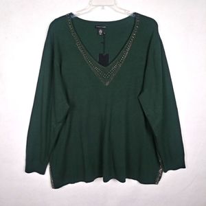 Adrienne Vittadini NEW Sweater Size 3X V-Neck Long Sleeve Silver Accents Green